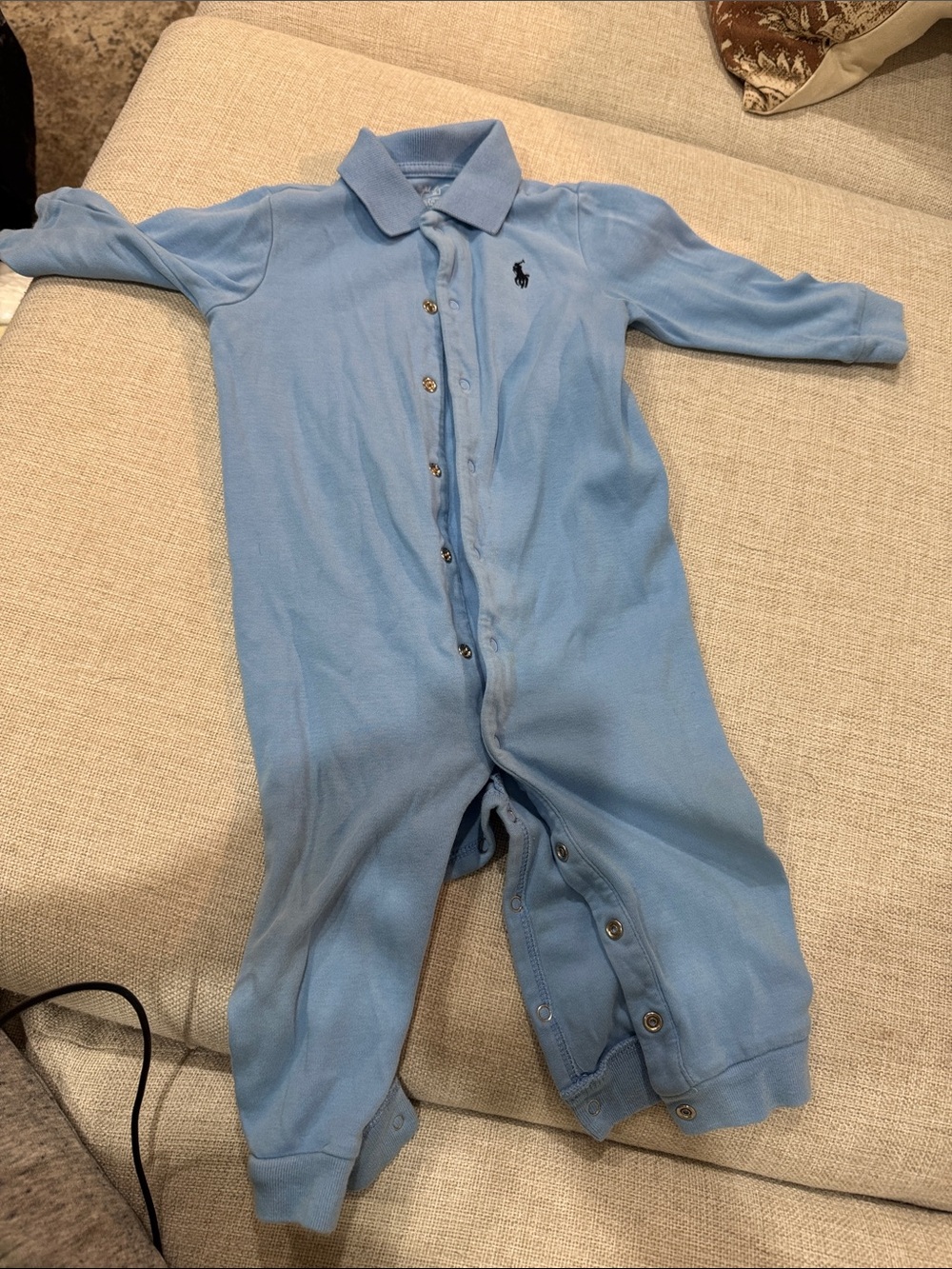 Ralph Lauren Baby Blue Polo One-Piece With Snaps